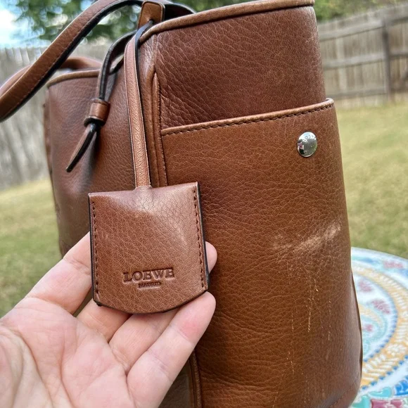 LOEWE Heritage Small Tote Logo Brown Leather Bag Handbag With Clochette - Picture 3 of 12